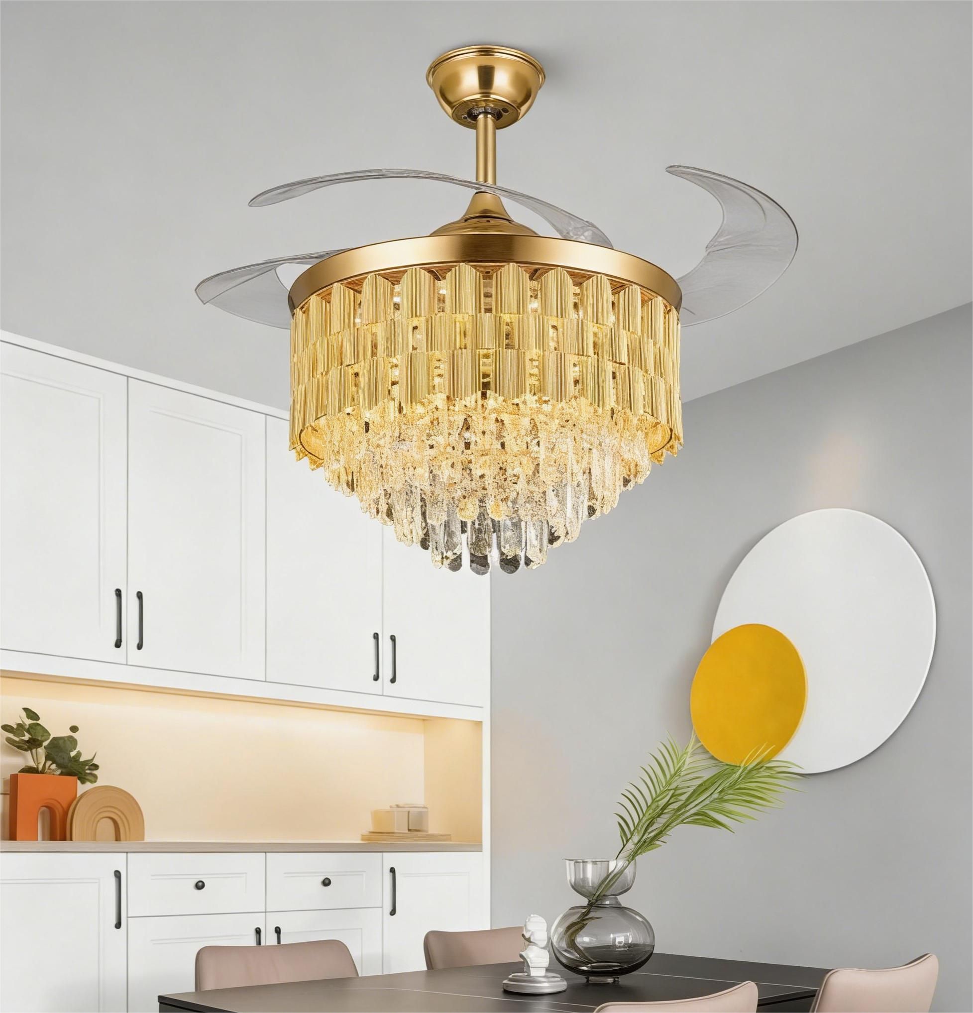 MODI LED Ceiling Fan Light Modern Luxury Golden Crystal Invisible , Bluetooth Speaker, Remote Control, Silent, for Living Room Bedroom Dining Room