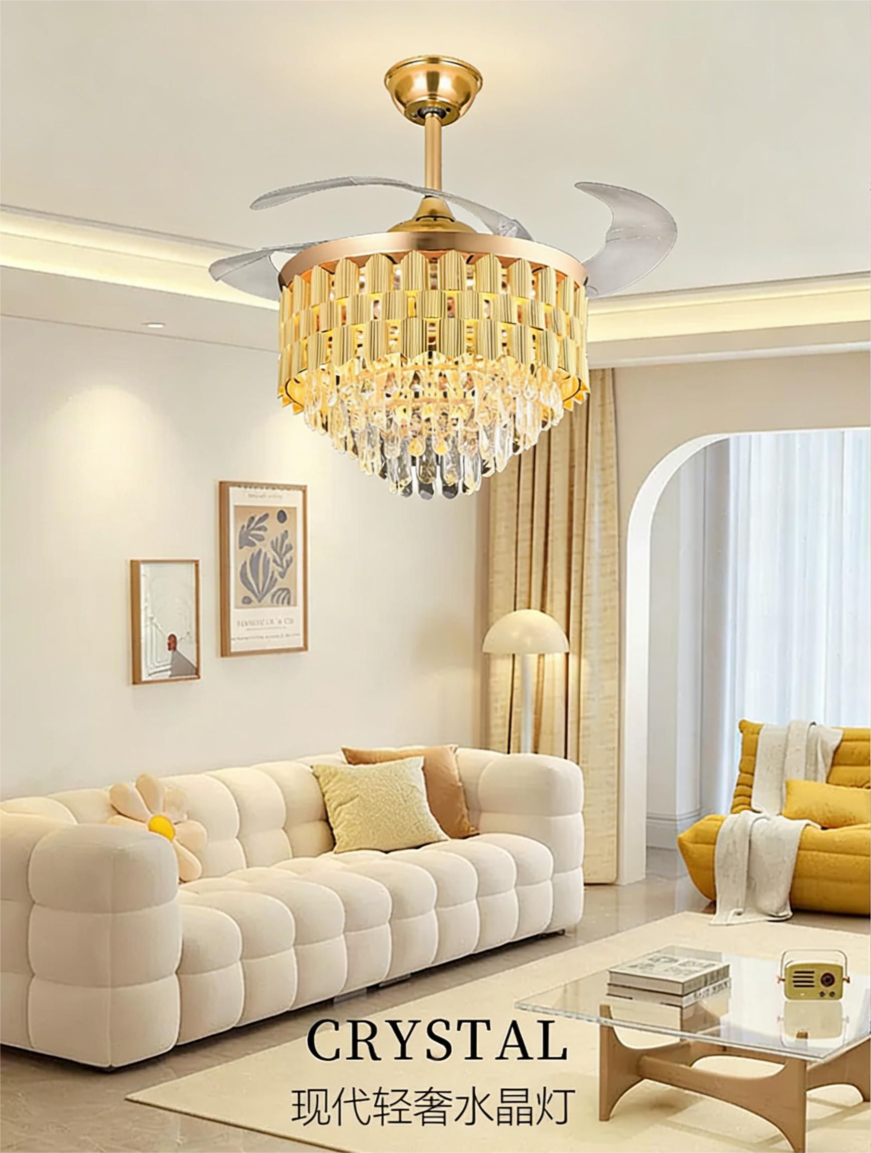 MODI LED Ceiling Fan Light Modern Luxury Golden Crystal Invisible , Bluetooth Speaker, Remote Control, Silent, for Living Room Bedroom Dining Room