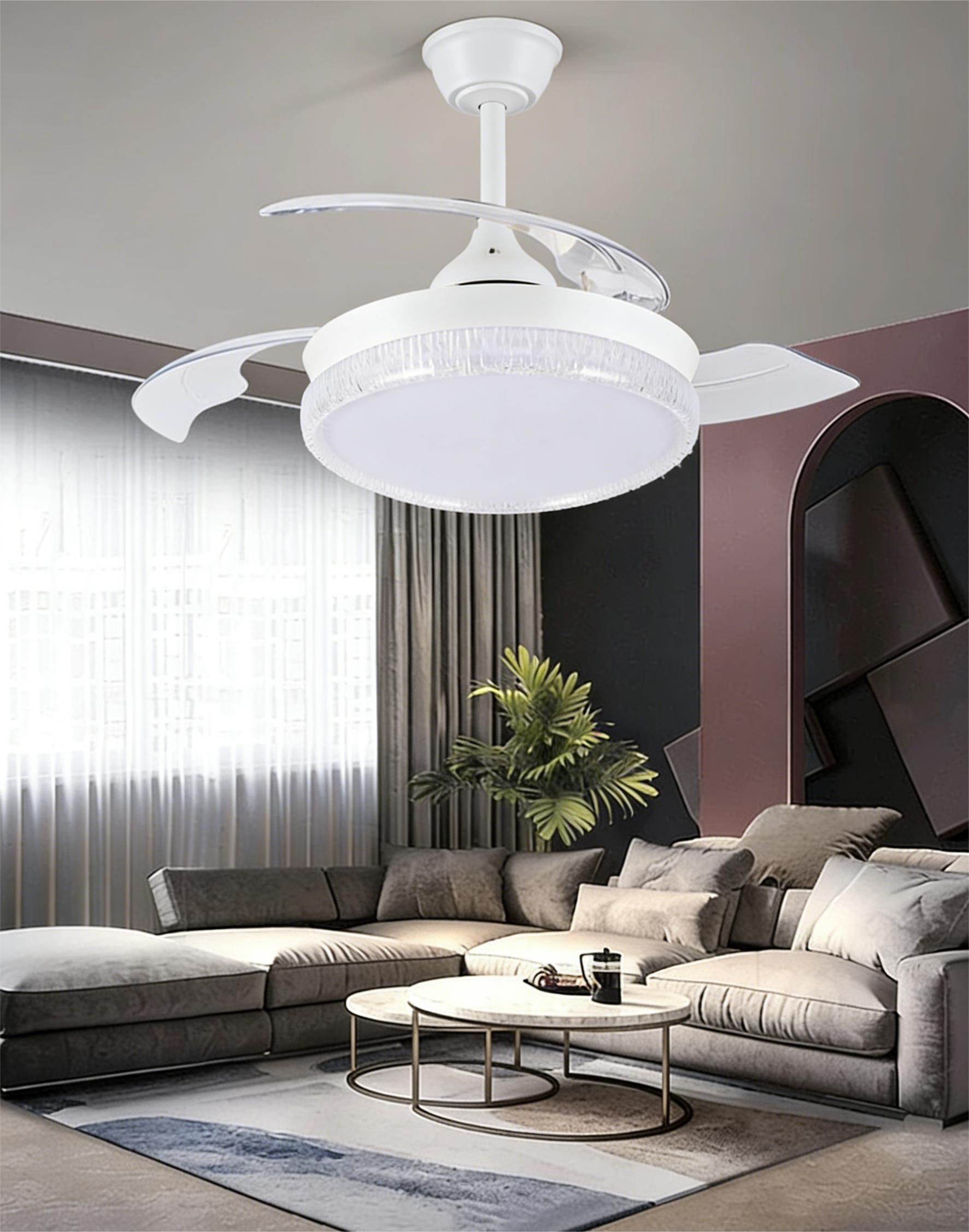 MODI 72W LED Ceiling Fan Light with Remote Control, Modern Retractable Blades, Silent Motor, 3 Color Dimmable Light , Low Noise Ceiling Fan for Bedroom Living Room Kitchen