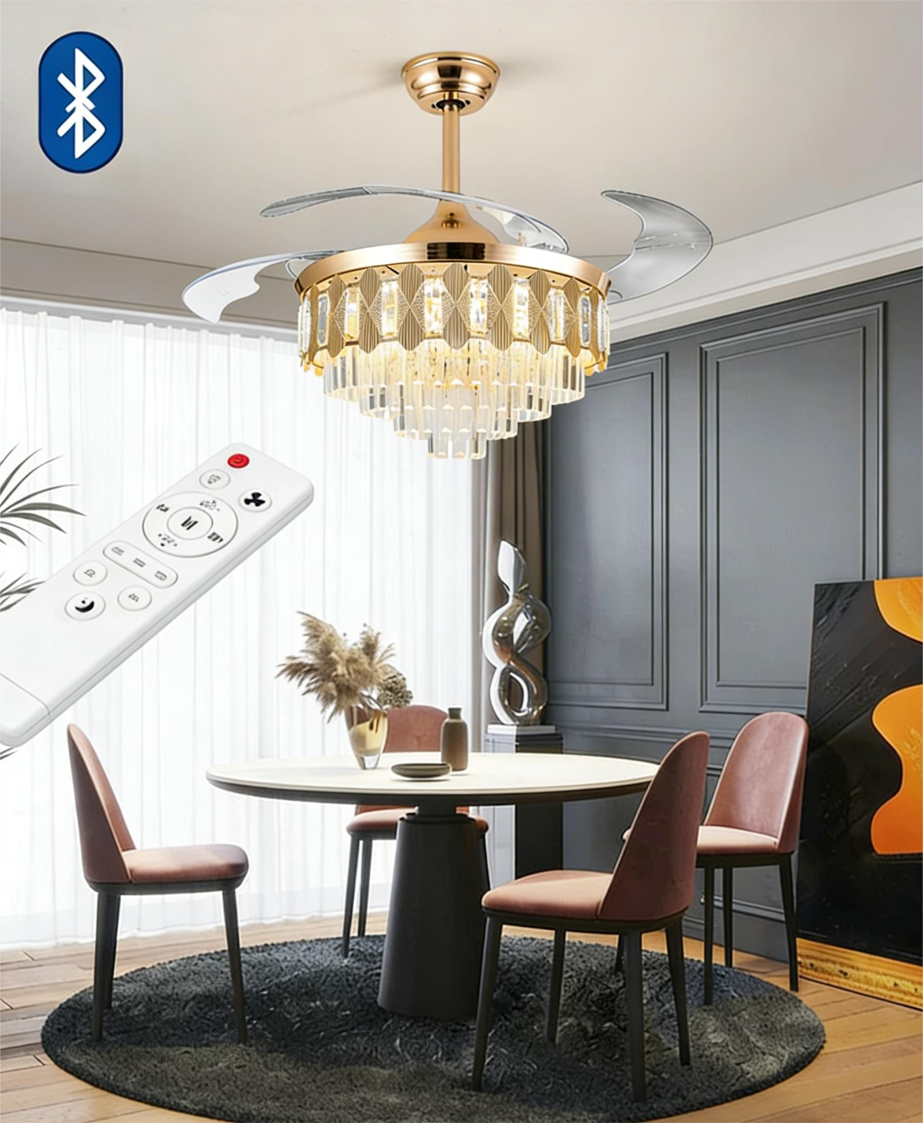 MODI LED Ceiling Fan Light Modern Luxury Golden Crystal Invisible , Bluetooth Speaker, Remote Control, Silent, for Living Room Bedroom Dining Room