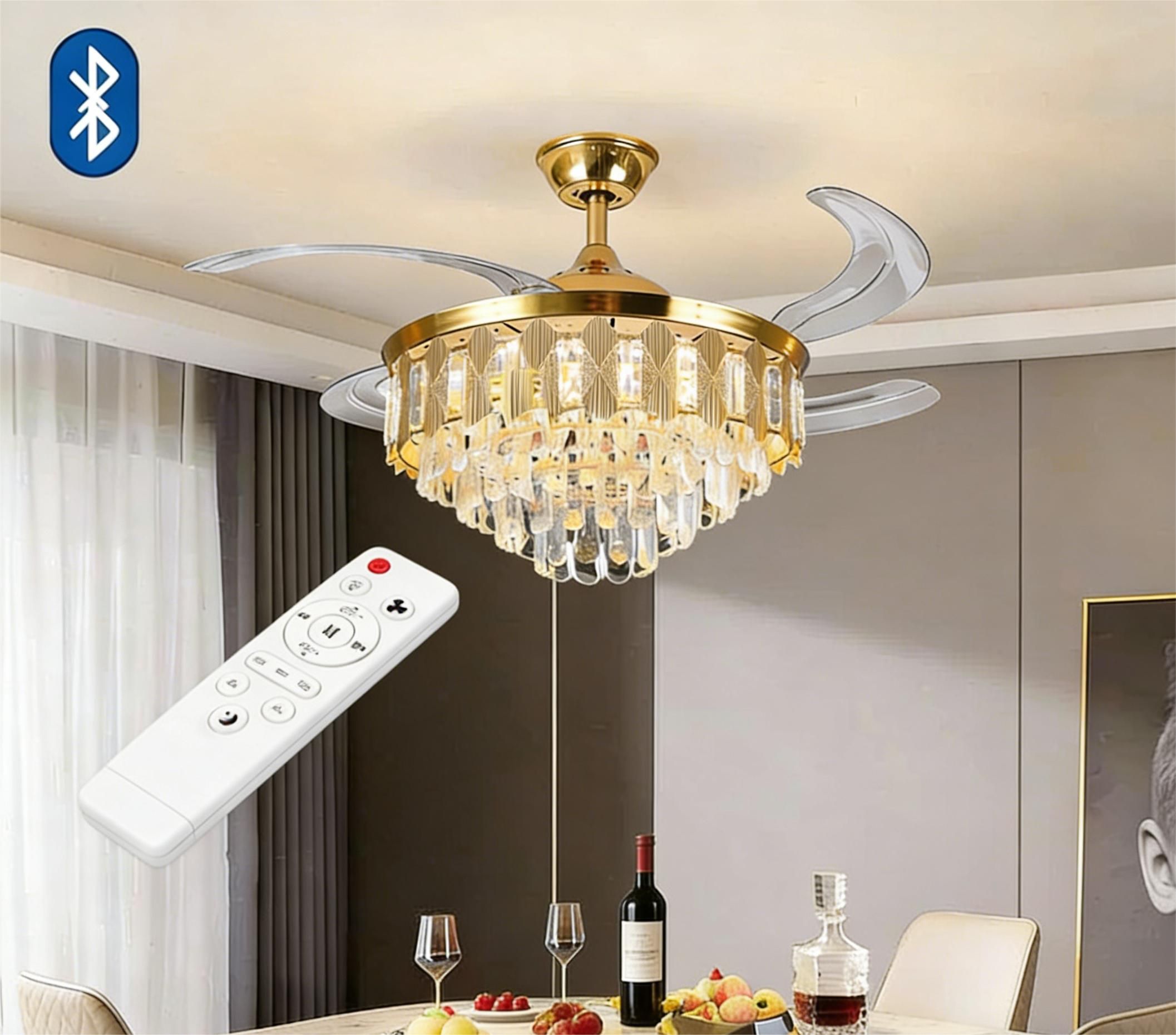MODI Modern Light Luxury Golden Crystal Invisible Ceiling Fan with Bluetooth Speaker, Remote Control & Silent Fan Light, Suitable for Living Room, Bedroom and Dining Room