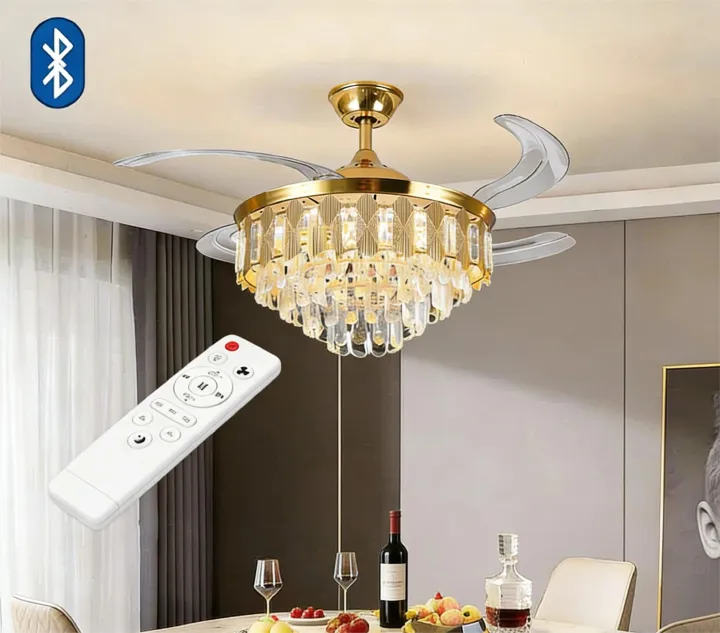 MODI Modern Light Luxury Golden Crystal Invisible Ceiling Fan with Bluetooth Speaker, Remote Control & Silent Fan Light, Suitable for Living Room, Bedroom and Dining Room