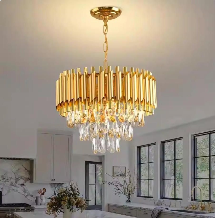 MODI Round K9 Crystal Chandelier, Black Gold Modern Tiered LED Ceiling Light for Living Room Hallway Hotel