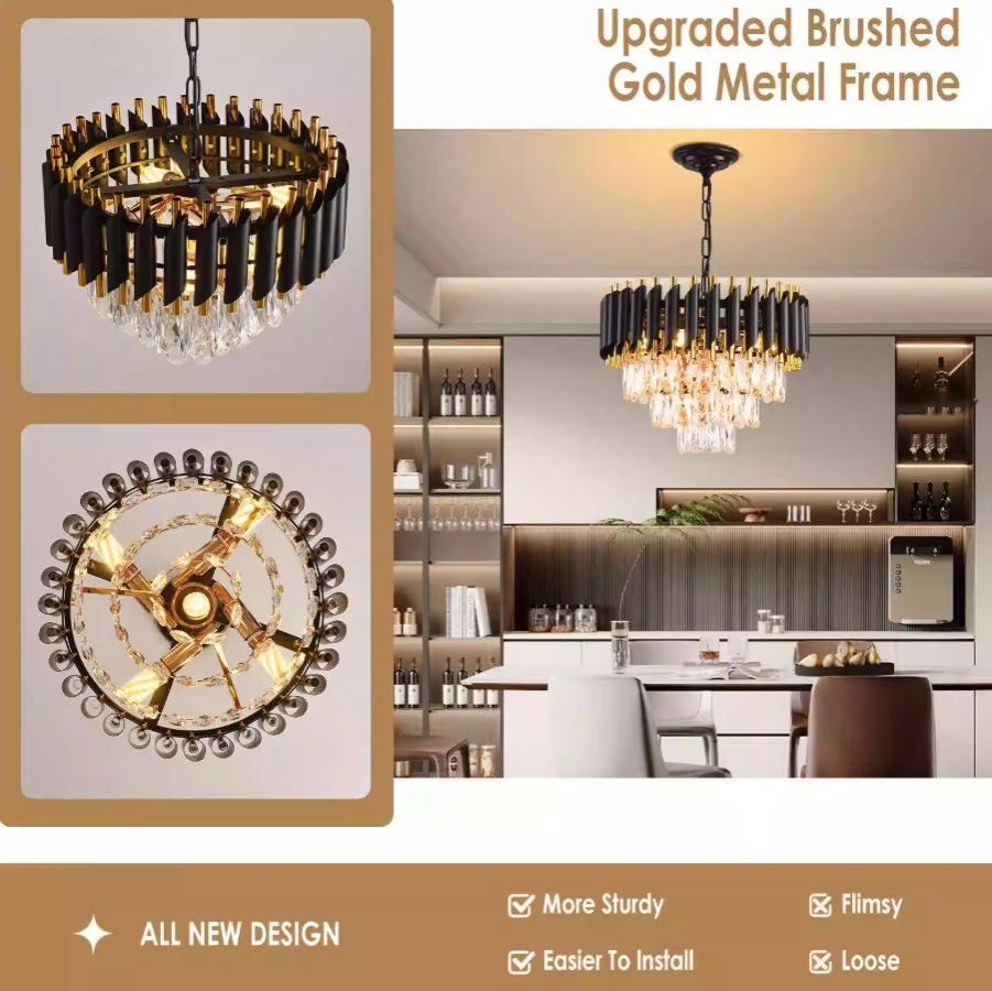 MODI Round K9 Crystal Chandelier, Black Gold Modern Tiered LED Ceiling Light for Living Room Hallway Hotel