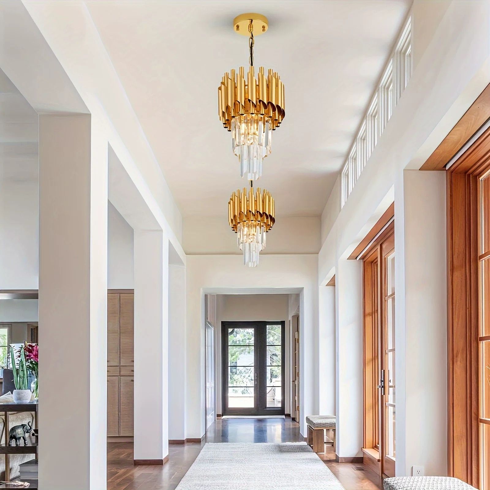 MODI Round K9 Crystal Chandelier, Black Gold Modern Tiered LED Ceiling Light for Living Room Hallway Hotel