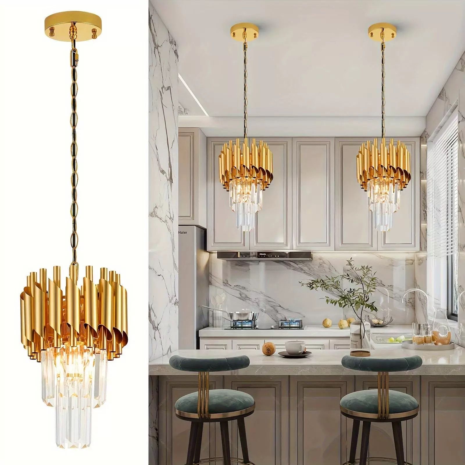 MODI Round K9 Crystal Chandelier, Black Gold Modern Tiered LED Ceiling Light for Living Room Hallway Hotel