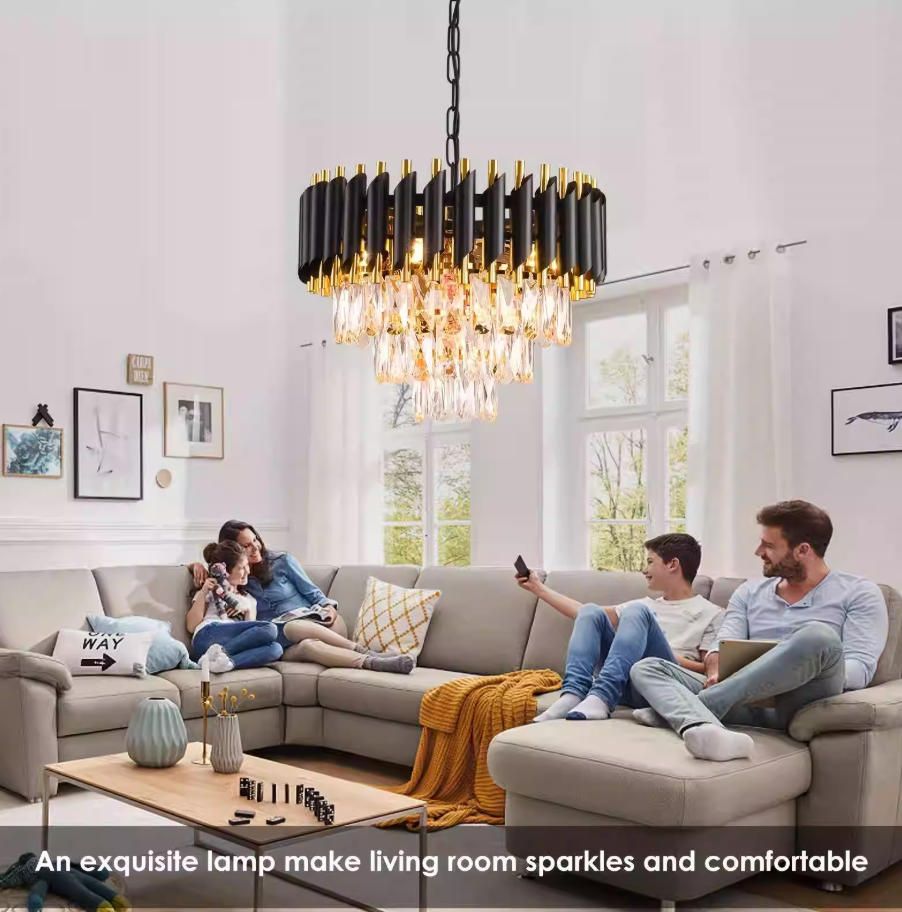 MODI Round K9 Crystal Chandelier, Black Gold Modern Tiered LED Ceiling Light for Living Room Hallway Hotel