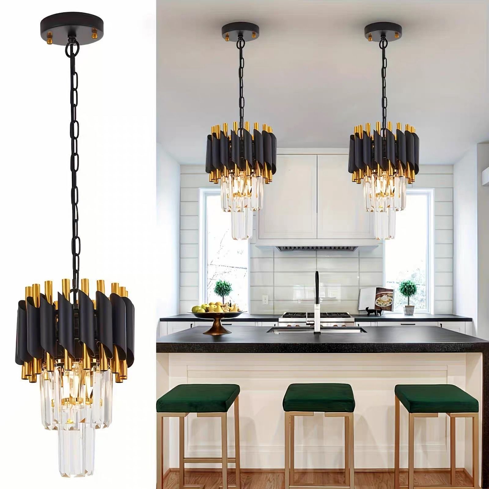 MODI Round K9 Crystal Chandelier, Black Gold Modern Tiered LED Ceiling Light for Living Room Hallway Hotel
