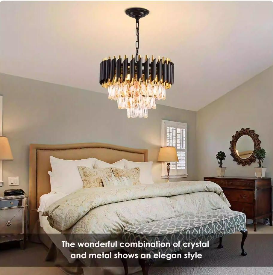 MODI Round K9 Crystal Chandelier, Black Gold Modern Tiered LED Ceiling Light for Living Room Hallway Hotel