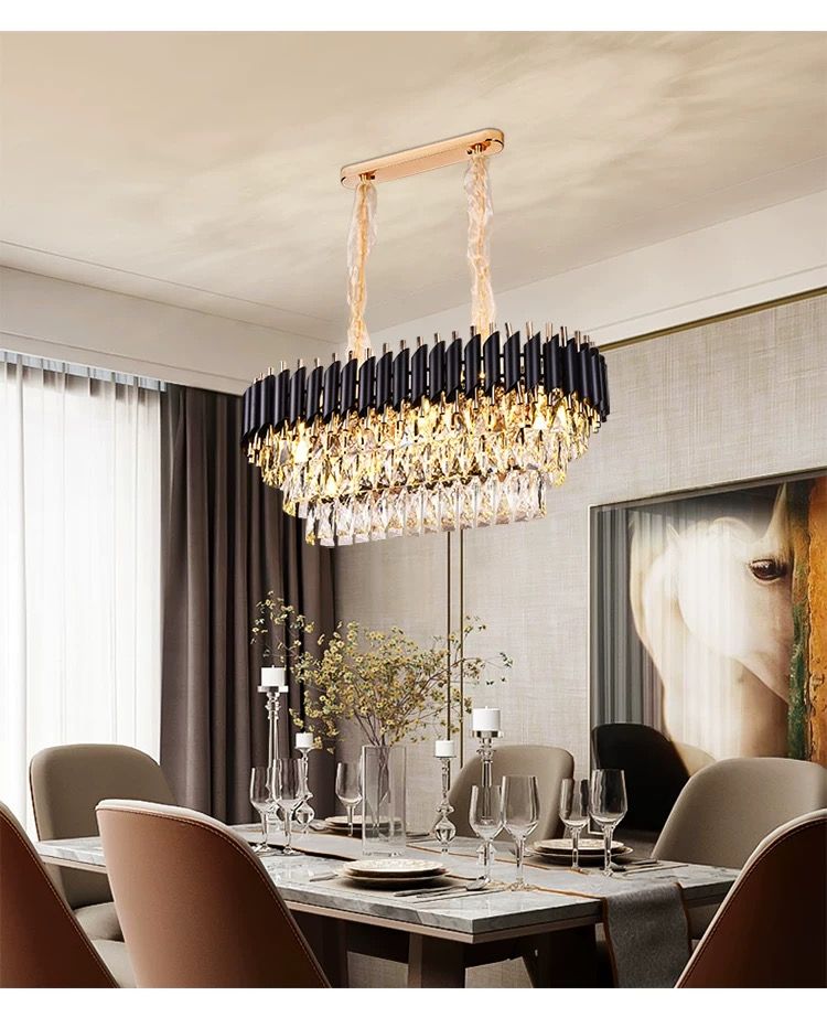 MODI Modern Rectangular Chandelier – 120 cm Gold Crystal 8-Light Luxury Oval Ceiling Pendant for Dining Room, Kitchen Island & Living Room