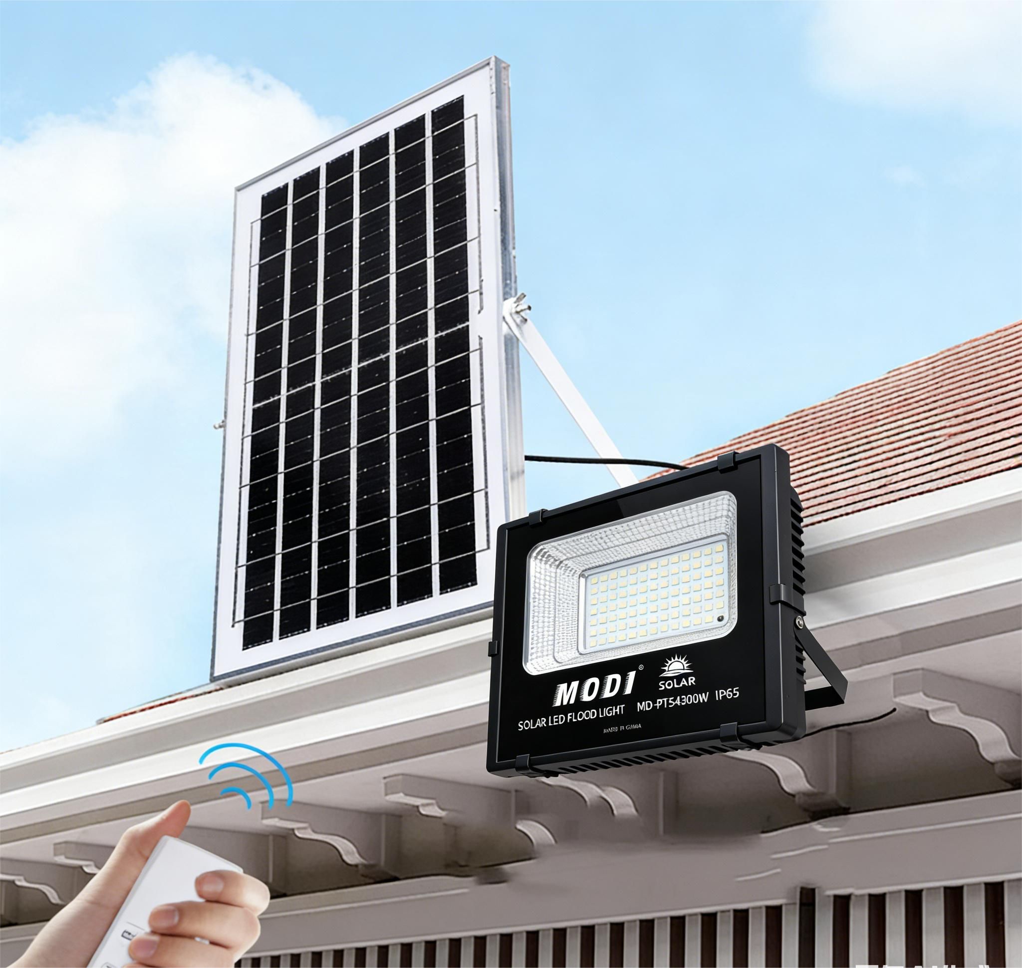 MODI Solar Light Waterproof Solar LED Street Light, Auto Dusk to Dawn Outdoor Floodlight Spotlight with Remote, Bright Wall Lamp for Home Shop Garden Advertising Use