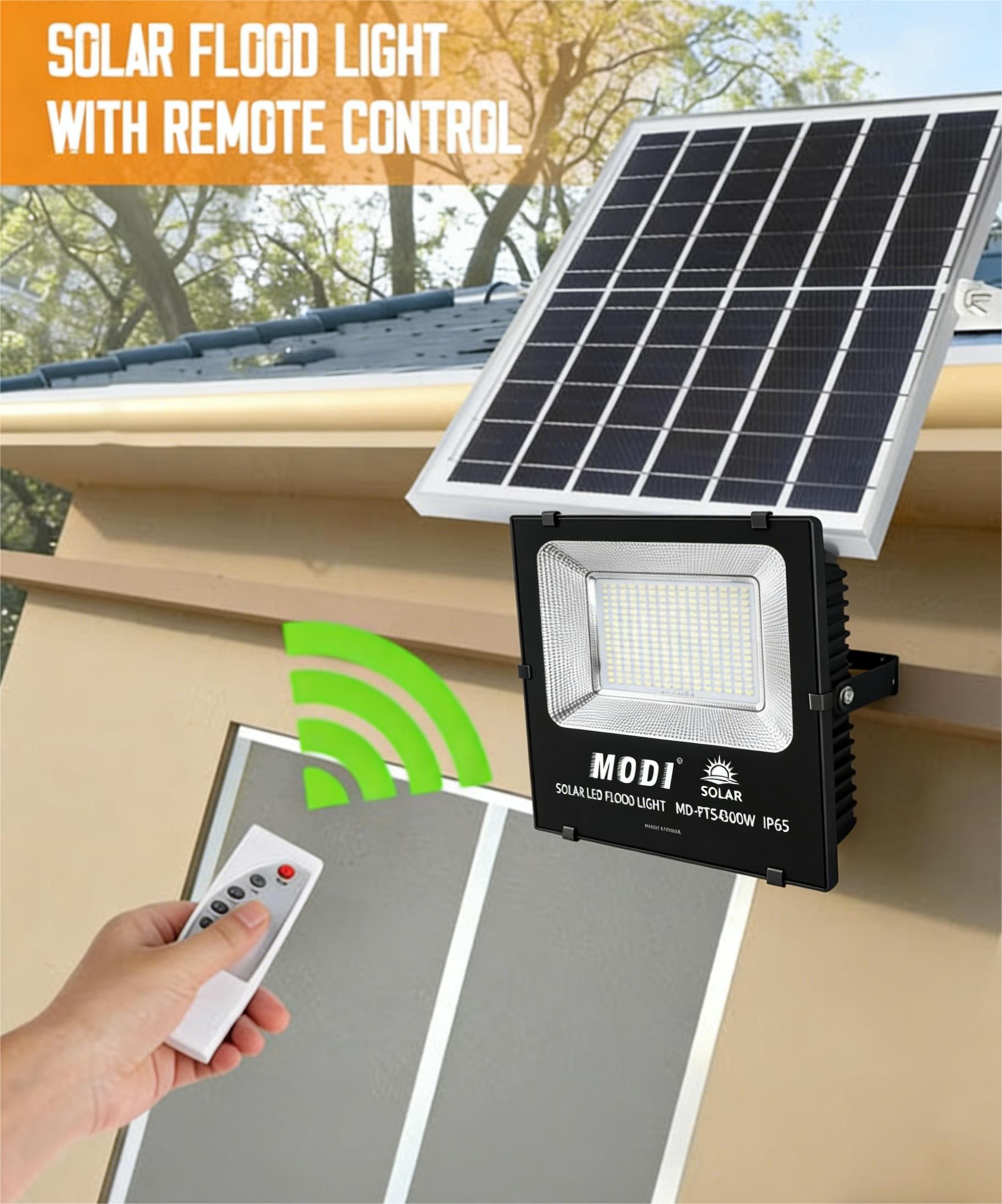 MODI Solar Light Waterproof Solar LED Street Light, Auto Dusk to Dawn Outdoor Floodlight Spotlight with Remote, Bright Wall Lamp for Home Shop Garden Advertising Use