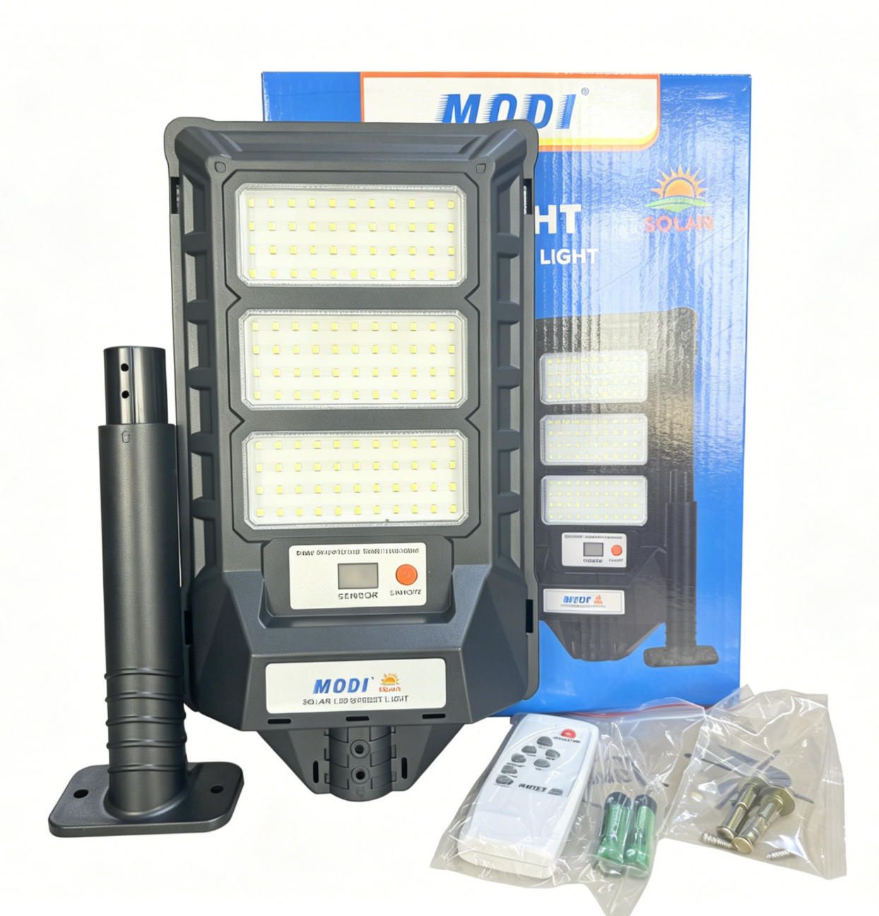 MODI LED Solar Street Light with Motion Sensor, Remote Control, IP65 Waterproof Outdoor Lamp + Steel Pole for Garage, Patio, Driveway, Yard, Garden, Parking Lot