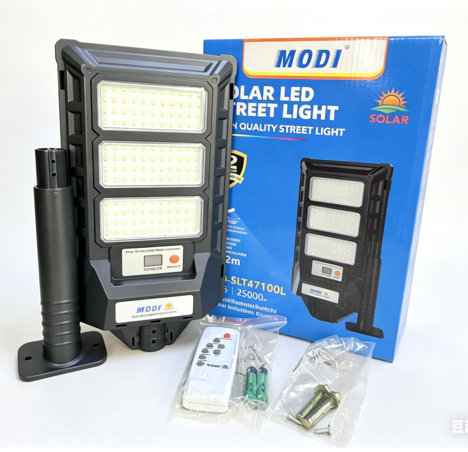 MODI LED Solar Street Light with Motion Sensor, Remote Control, IP65 Waterproof Outdoor Lamp + Steel Pole for Garage, Patio, Driveway, Yard, Garden, Parking Lot