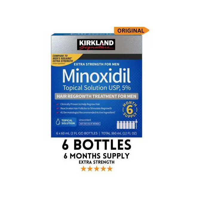 Kirkland Minoxidil 5% Extra Strength Hair Loss Regrowth System Treatment For Men Beard Care Oil Premium Topical Solution Growth Nourishing Serum 6 Bottle Of 60ml (6 Months Supply)