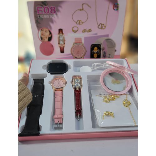 FESTIVE DEALS!!E08 Plus Smartwatch Gift Set for Women – Fitness Tracker with Heart Rate, Blood Pressure, Sleep Monitor, Voice Assistant, Analog Watch, Jewellery Set, Wireless Charger, and Extra Straps