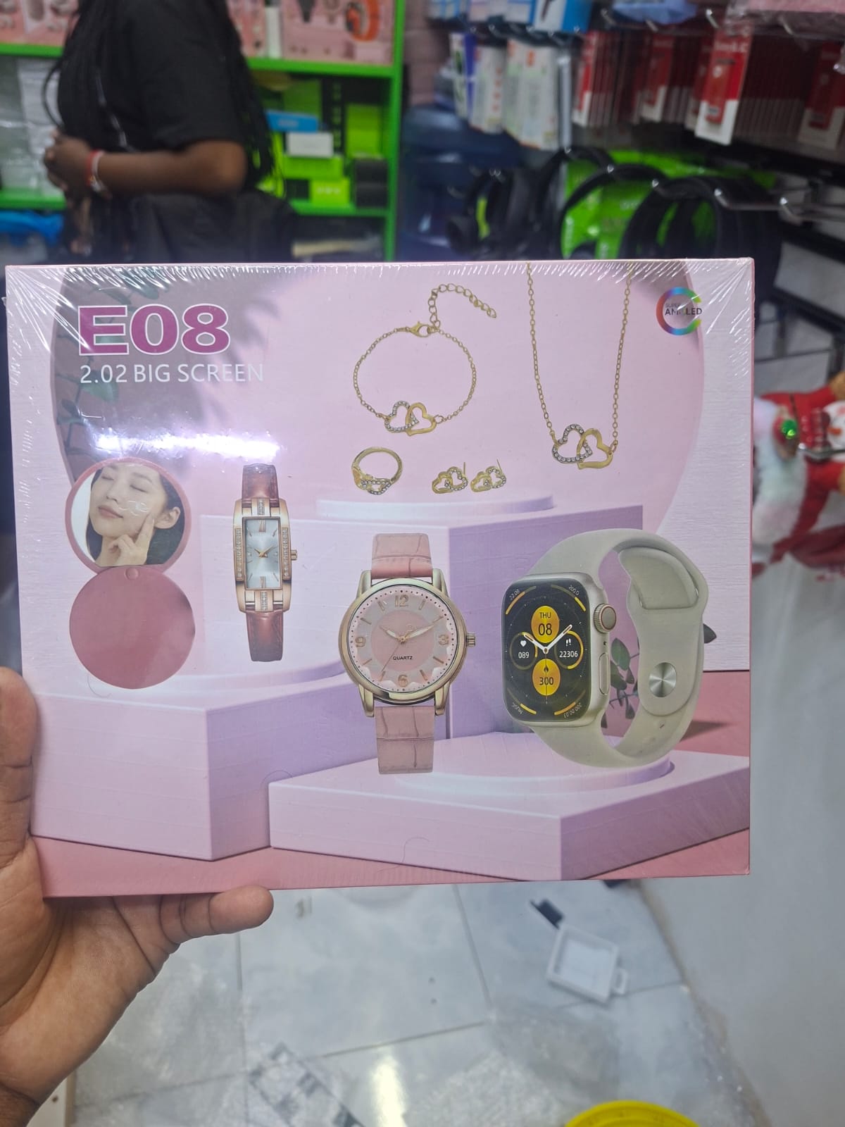 FESTIVE DEALS!!E08 Plus Smartwatch Gift Set for Women – Fitness Tracker with Heart Rate, Blood Pressure, Sleep Monitor, Voice Assistant, Analog Watch, Jewellery Set, Wireless Charger, and Extra Straps