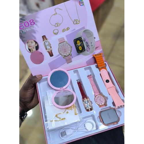 FESTIVE DEALS!!E08 Plus Smartwatch Gift Set for Women – Fitness Tracker with Heart Rate, Blood Pressure, Sleep Monitor, Voice Assistant, Analog Watch, Jewellery Set, Wireless Charger, and Extra Straps