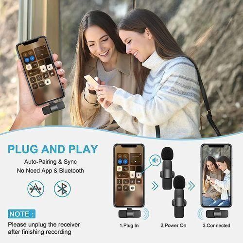 DISCOUNTED DEALS!!!!!Wireless Lapel Lavalier Microphone,Noise Cancellation Wireless Mic K9 Type C /Iphone Multifunction Long Range Transmission for Vlog Short Video for Live Show(Double Microphone)