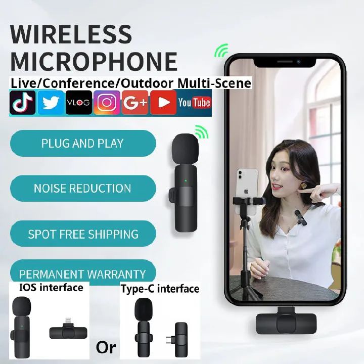 DISCOUNTED DEALS!!!!!Wireless Lapel Lavalier Microphone,Noise Cancellation Wireless Mic K9 Type C /Iphone Multifunction Long Range Transmission for Vlog Short Video for Live Show(Double Microphone)