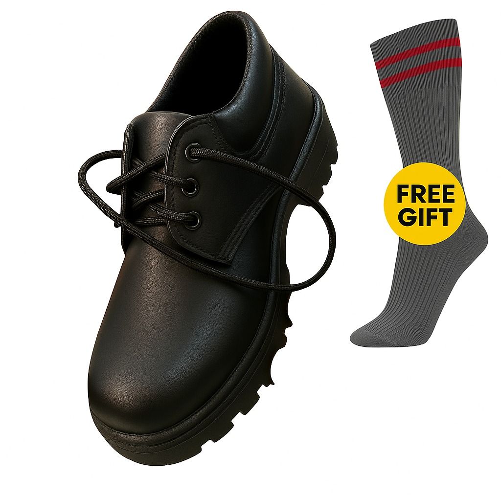 GOOD QUALITY UNISEX BLACK BACK TO SCHOOL LEATHER  SHOES, TOUGHEES BATA +PAIR OF SOCKS, BACK TO SCHOOL SHOES.