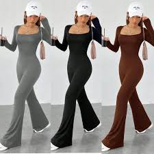 [New] Wideleg RIBBED Longsleeve Jumpsuit Catsuit Flared Bottom Wide Leg Pants Women Jumpsuit Casual Athletic Trendy Stylish Fashion Everywhere Everyday Wear Ladies Baddie Comfy-Chic ONE SIZE 1PC