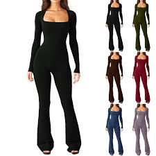 [New] Wideleg RIBBED Longsleeve Jumpsuit Catsuit Flared Bottom Wide Leg Pants Women Jumpsuit Casual Athletic Trendy Stylish Fashion Everywhere Everyday Wear Ladies Baddie Comfy-Chic ONE SIZE 1PC