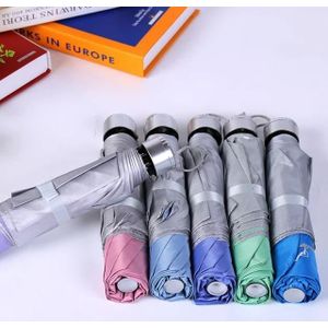 three-fold umbrella designed for both rain and sun protection, featuring a reflective silver inner coating to block UV rays.