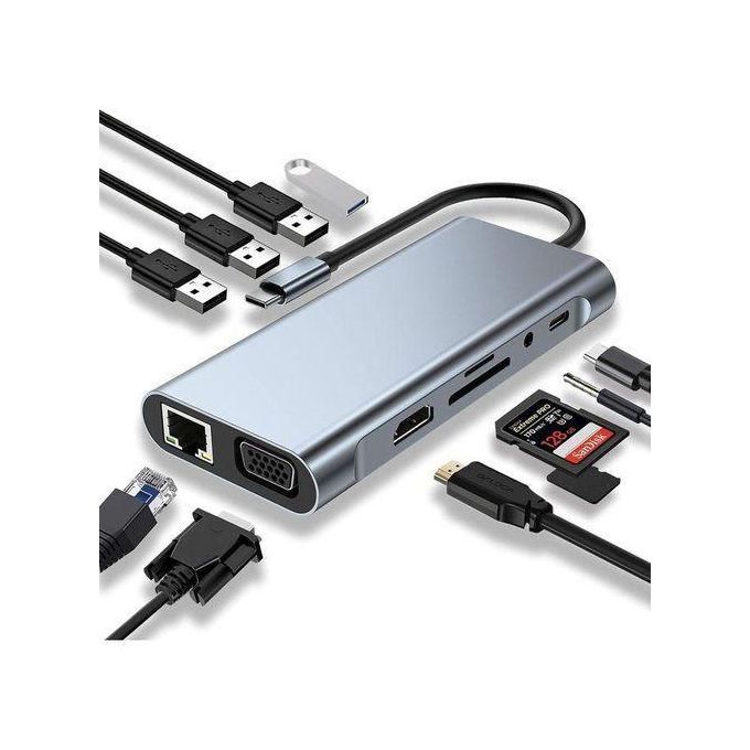 USB C HUB, USB C Adapter 11 In 1 Dongle With 4K HDMI, Type C PD, VGA, USB3.0, RJ45 Ethernet, SD/TF Card Reader, 3.5mm AUX, Docking Station Compatible With MacBook Pro/Air, Other Type C Laptops