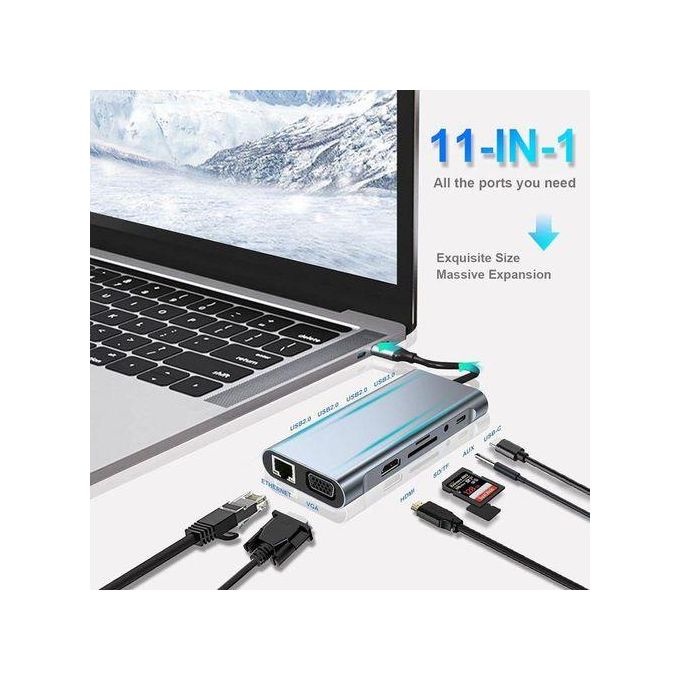 USB C HUB, USB C Adapter 11 In 1 Dongle With 4K HDMI, Type C PD, VGA, USB3.0, RJ45 Ethernet, SD/TF Card Reader, 3.5mm AUX, Docking Station Compatible With MacBook Pro/Air, Other Type C Laptops