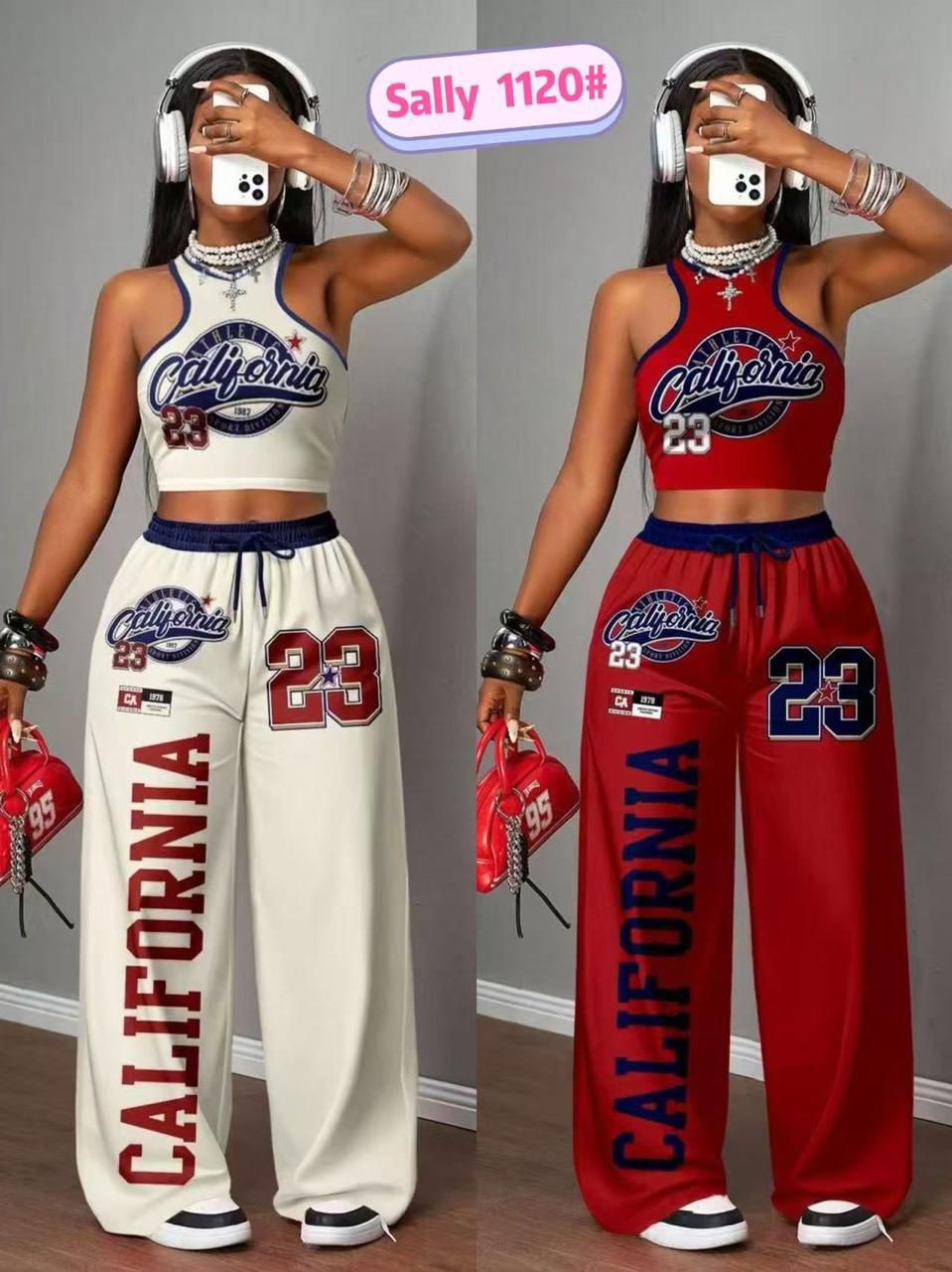Women’s 2 Piece California Printed Crop Top & Wide Leg Pants Set – Casual Sportswear Outfit