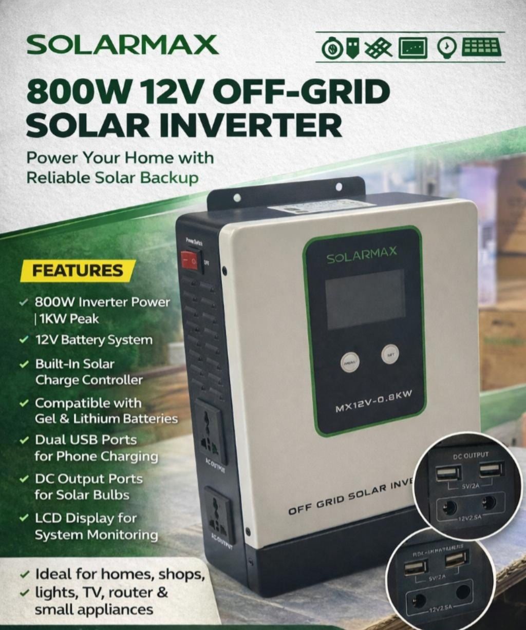 Solarmax 0.8KVA Hybrid Solar Inverter – Pure Sine Wave, Solar & AC Charging, Backup Power System