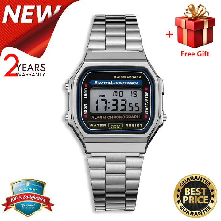 【2YEARS WARRANTY】GShock A168 Watch for Men LED Digital Waterproof Chronograph Stainless Steel Wristwatch A168WA-1W