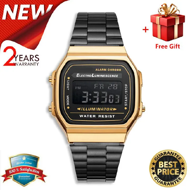 【2YEARS WARRANTY】GShock A168 Men's Digital Watch Sports Shock Resistant LED Watches Steel Strap A168WEGB-1B