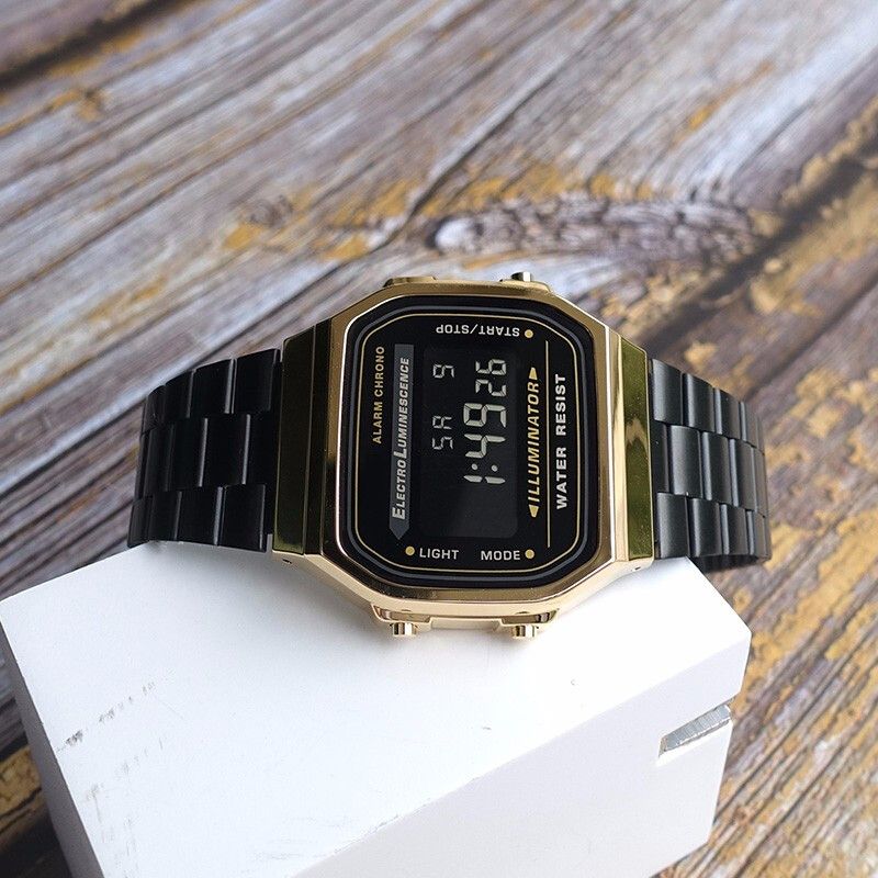 【2YEARS WARRANTY】GShock A168 Men's Digital Watch Sports Shock Resistant LED Watches Steel Strap A168WEGB-1B