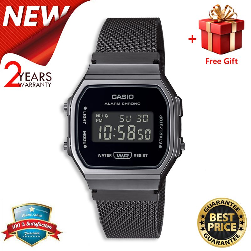 【2YEARS WARRANTY】GShock A168 Watch Retro Square Case Stainless Steel Band LED Light Stopwatch Alarm Classic Wristwatch Men's Digital Watch A168WEMB-1B