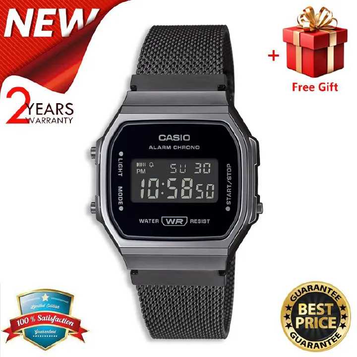 【2YEARS WARRANTY】GShock A168 Watch Retro Square Case Stainless Steel Band LED Light Stopwatch Alarm Classic Wristwatch Men's Digital Watch A168WEMB-1B