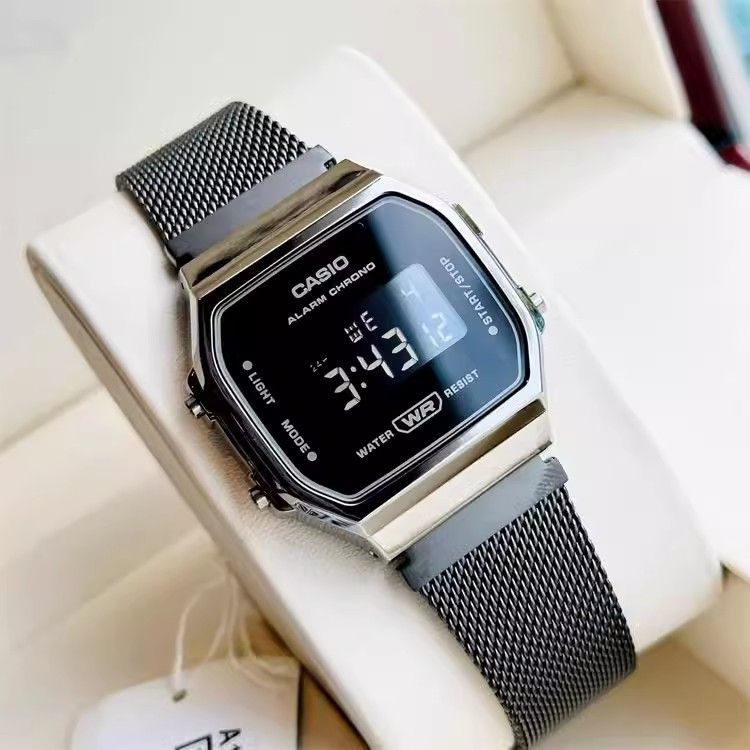 【2YEARS WARRANTY】GShock A168 Watch Retro Square Case Stainless Steel Band LED Light Stopwatch Alarm Classic Wristwatch Men's Digital Watch A168WEMB-1B