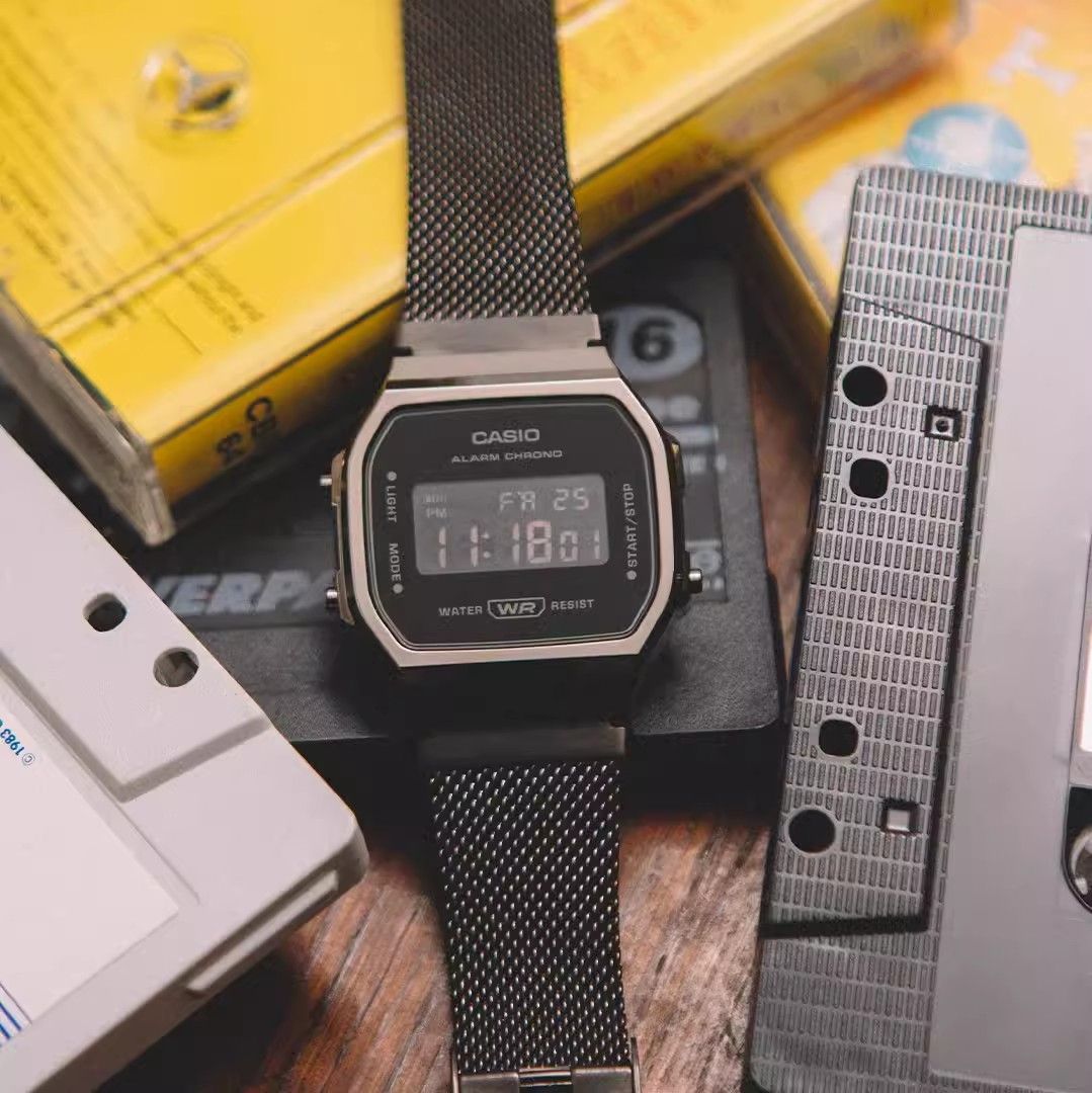 【2YEARS WARRANTY】GShock A168 Watch Retro Square Case Stainless Steel Band LED Light Stopwatch Alarm Classic Wristwatch Men's Digital Watch A168WEMB-1B