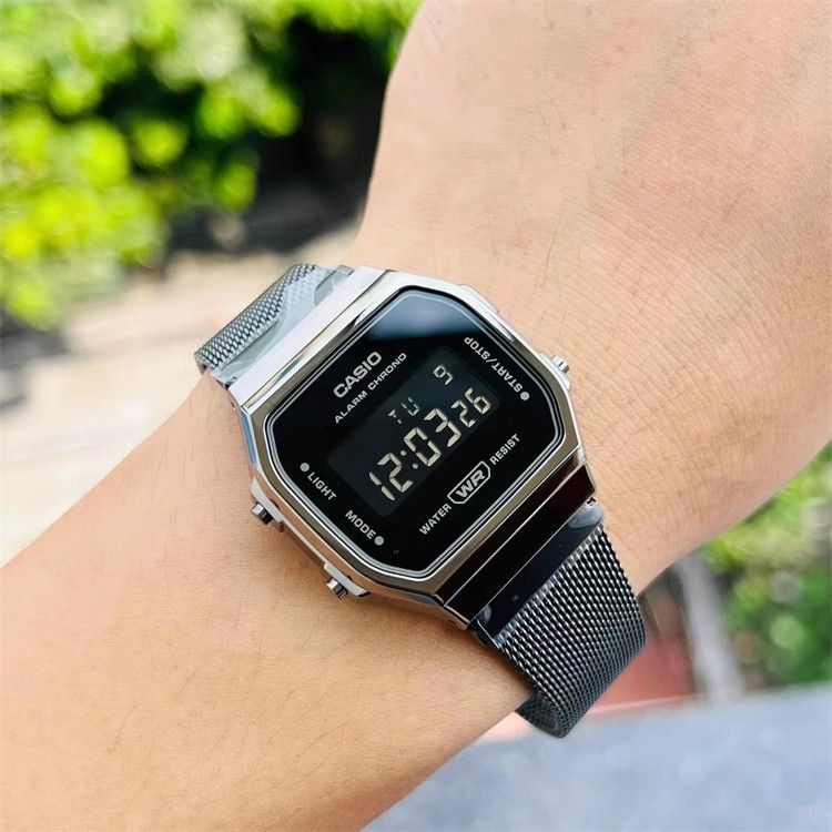 【2YEARS WARRANTY】GShock A168 Watch Retro Square Case Stainless Steel Band LED Light Stopwatch Alarm Classic Wristwatch Men's Digital Watch A168WEMB-1B