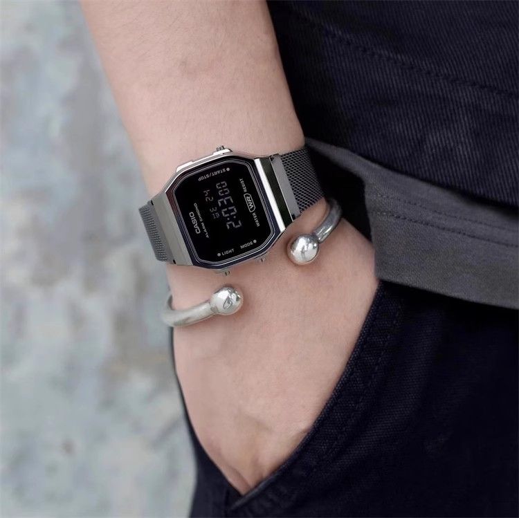 【2YEARS WARRANTY】GShock A168 Watch Retro Square Case Stainless Steel Band LED Light Stopwatch Alarm Classic Wristwatch Men's Digital Watch A168WEMB-1B