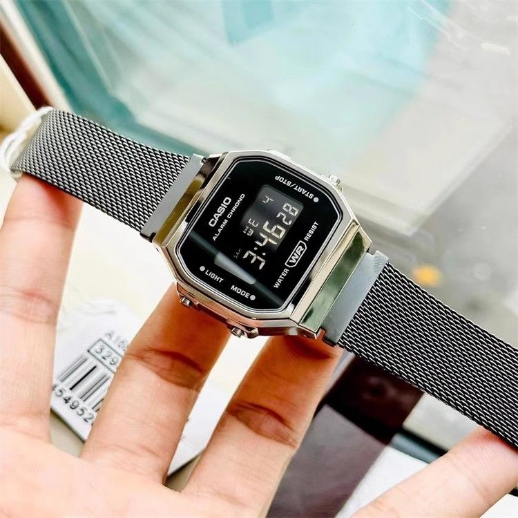 【2YEARS WARRANTY】GShock A168 Watch Retro Square Case Stainless Steel Band LED Light Stopwatch Alarm Classic Wristwatch Men's Digital Watch A168WEMB-1B