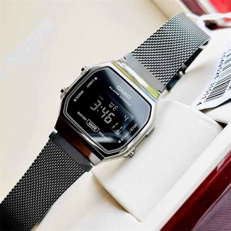 【2YEARS WARRANTY】GShock A168 Watch Retro Square Case Stainless Steel Band LED Light Stopwatch Alarm Classic Wristwatch Men's Digital Watch A168WEMB-1B