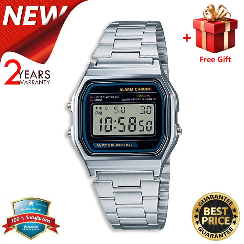 【2YEARS WARRANTY】GShock A158 Watch for Men LED Digital Waterproof Chronograph Stainless Steel Wristwatch A158WA-1D