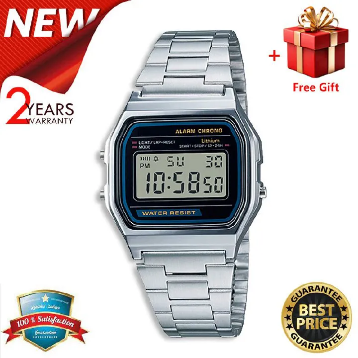 【2YEARS WARRANTY】GShock A158 Watch for Men LED Digital Waterproof Chronograph Stainless Steel Wristwatch A158WA-1D