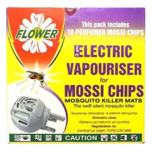 Flower ELECTRIC VAPOURISER FOR MOSSI CHIPS MOSQUITO KILLER (10 Mossi Chips)-are excellent Mosquito Mats designed to be used in living areas and bedrooms to kill all mosquitoes. Use with electric unit.