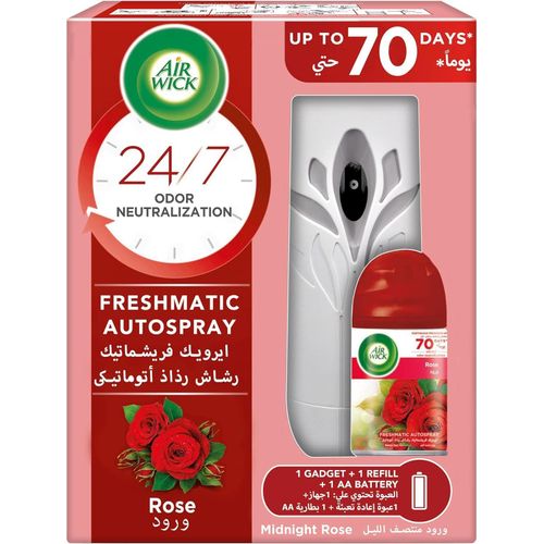 Airwick Air Freshener Freshmatic Auto Spray Rose Gadget and 1 Refill, Eliminates Bad Odour like Cat Litter Smell, 250 ml -lasts up to 70 days based on the lowest setting.