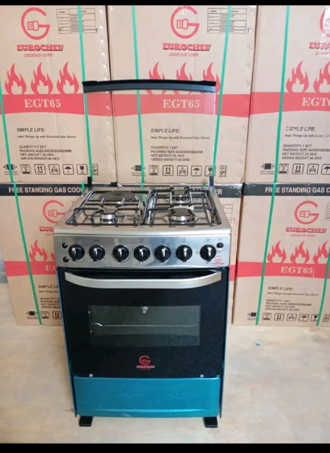 60 x 65 Eurochef Free-Standing 3-Gas-Burner + 1 Electric Cooker With Electric Oven - Stainless Steel worktop, Electric Grill, Rotisserie fork, Auto Ignition, Tempered Glass top lid.