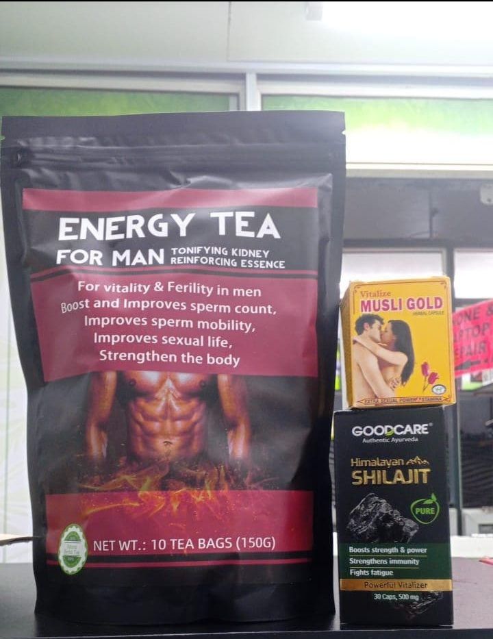 Men libido set
Energy Tea For Man, Vitaline Musli Gold, and Goodcare Himalayan Shilajit.