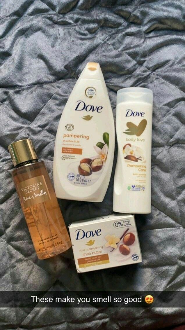 Dove shower gel,soap and lotion along with a Victoria's Secret body splash skin care set